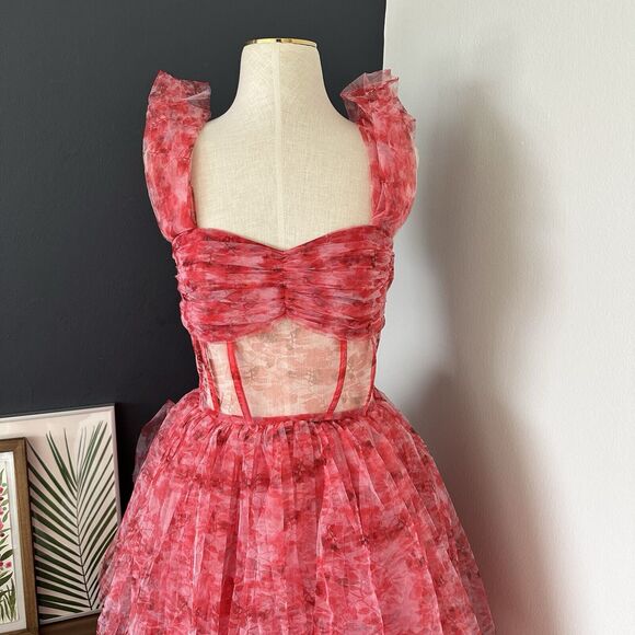 Lace and Beads ASOS Off Shoulder Tulle Corset Maxi Dress Tiered Floral - Picture 5 of 16